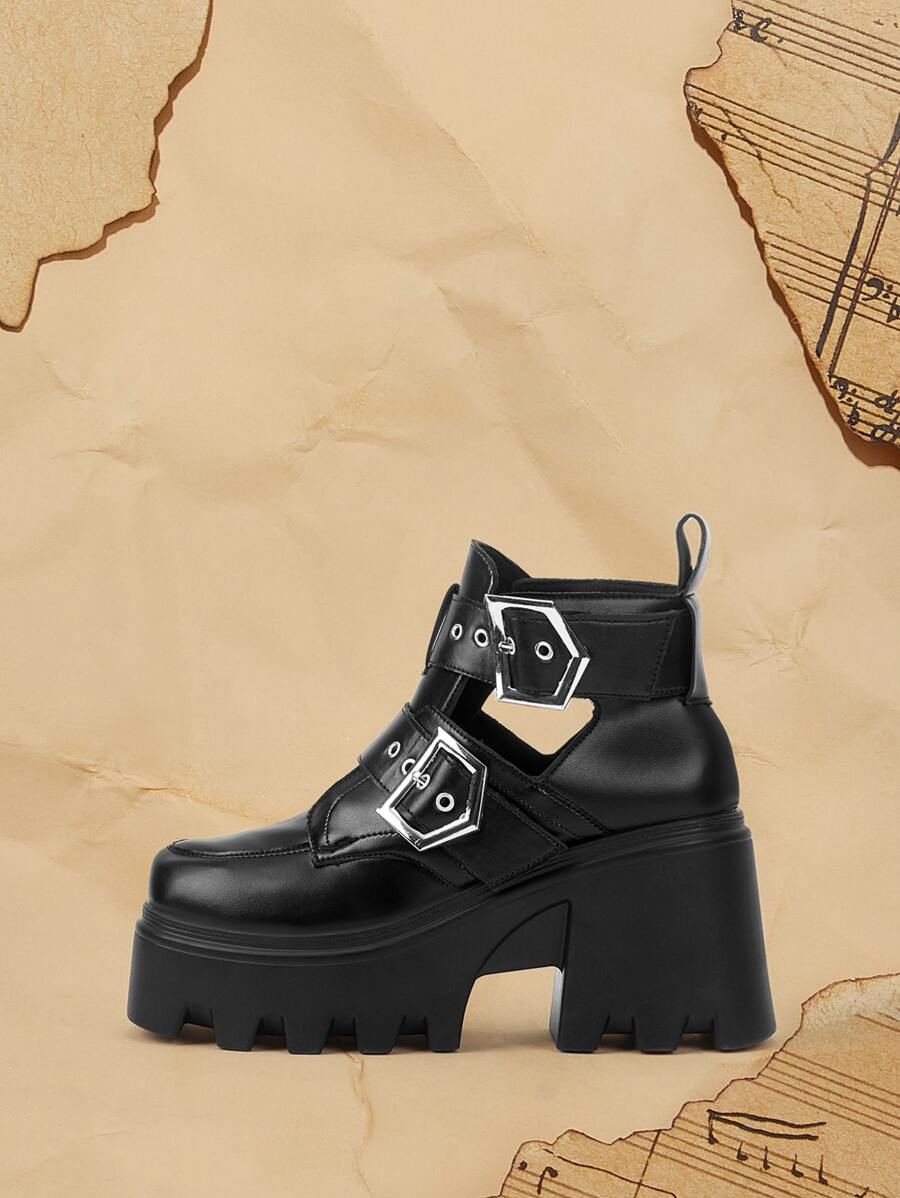 ROMWE Dark Academia botas con plataforma con hebilla con diseño de ojal - Negro - Ver 1