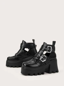 ROMWE Dark Academia botas con plataforma con hebilla con diseño de ojal - Negro - Ver 3