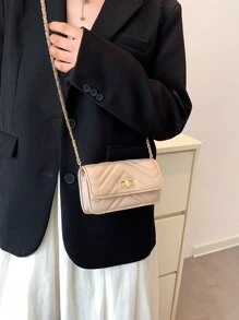 1 件时尚纯色绗缝链条单肩包，带扣封口，迷你方形包适合购物、拍照、度假、礼物 - 卡其色 - 查看 8