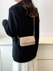 1 件时尚纯色绗缝链条单肩包，带扣封口，迷你方形包适合购物、拍照、度假、礼物 - 卡其色 - 查看 5