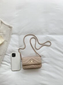 1 件时尚纯色绗缝链条单肩包，带扣封口，迷你方形包适合购物、拍照、度假、礼物 - 卡其色 - 查看 6