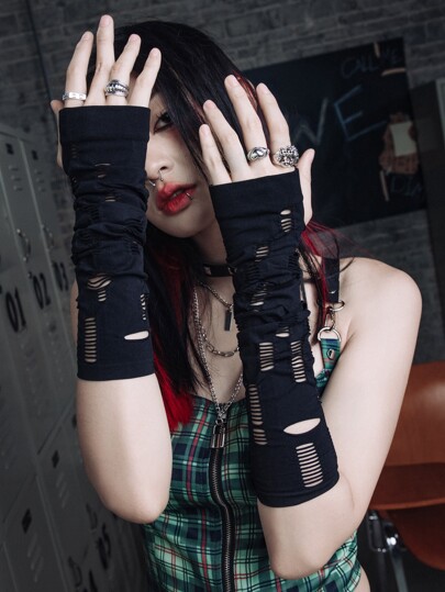 Grunge Punk 1pair Women Solid Hollow Out Arm Sleeves Valentines