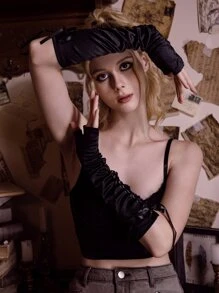 ROMWE Academia Grommet Lace Up Front Fingerless Gloves - Black - View 3