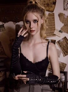 ROMWE Academia Grommet Lace Up Front Fingerless Gloves - Black - View 4