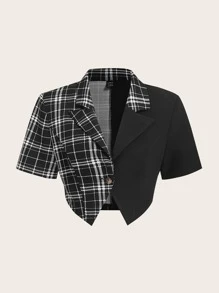 SHEIN Qutie 格紋印花西裝領西裝外套