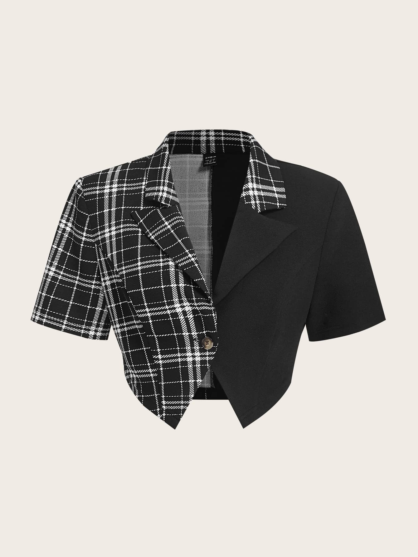 SHEIN Qutie 格紋印花西裝領西裝外套