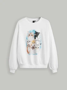 SHEIN MOD Sudadera con estampado de gato de hombros caídos - Blanco - Ver 1