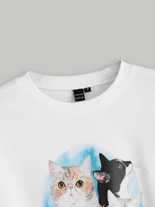 SHEIN MOD Sudadera con estampado de gato de hombros caídos - Blanco - Ver 5