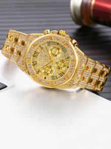 1入組男士三錶盤石英表和1入組手環 - 金色 - 查看 2