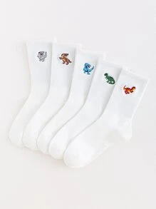5pairs Men Dinosaur Embroidered Crew Socks - White - View 1