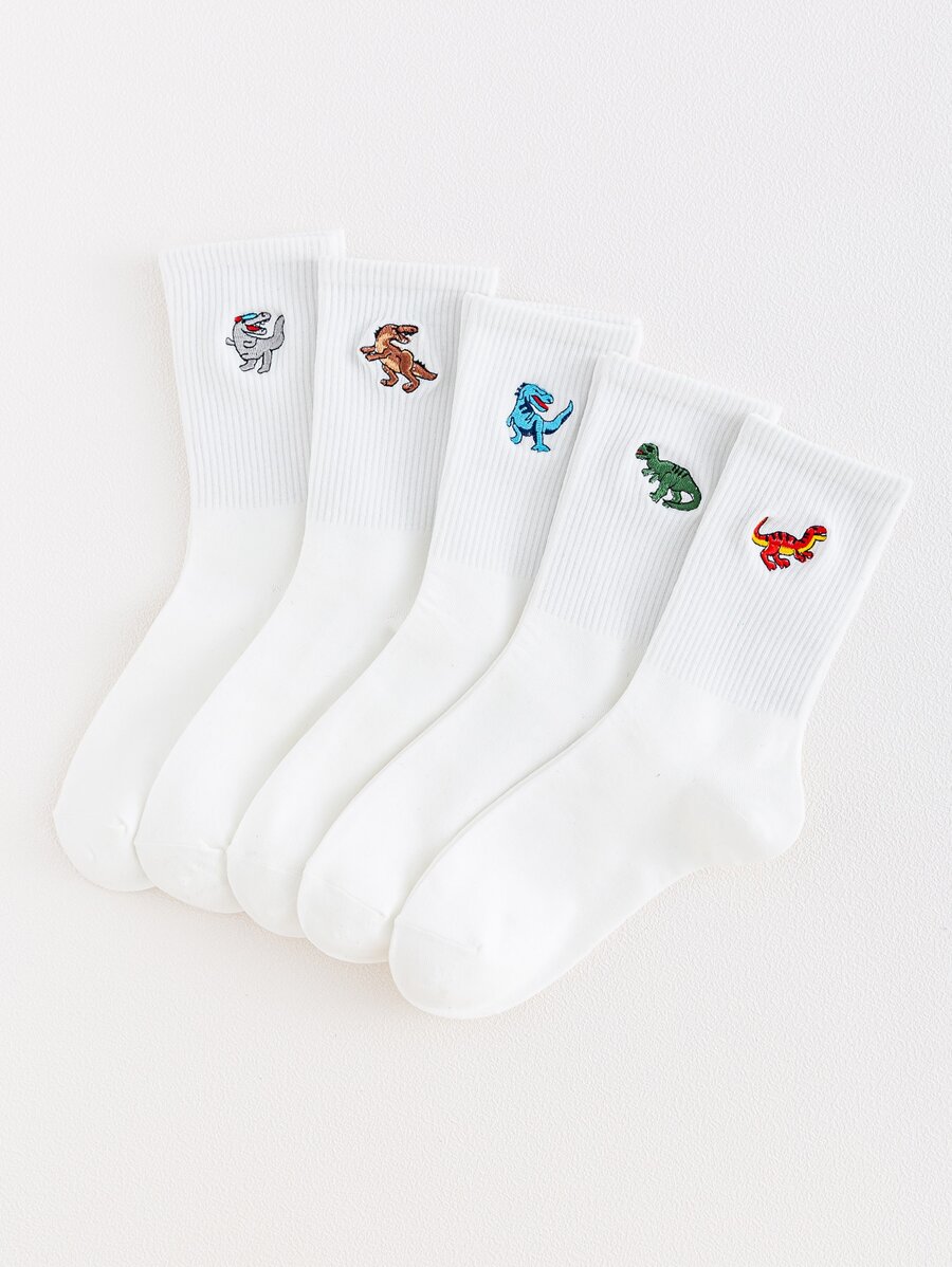 5pairs Men Dinosaur Embroidered Crew Socks - White - View 1