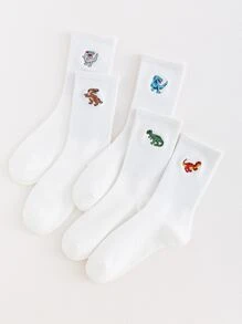 5pairs Men Dinosaur Embroidered Crew Socks - White - View 2