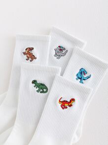 5pairs Men Dinosaur Embroidered Crew Socks - White - View 3