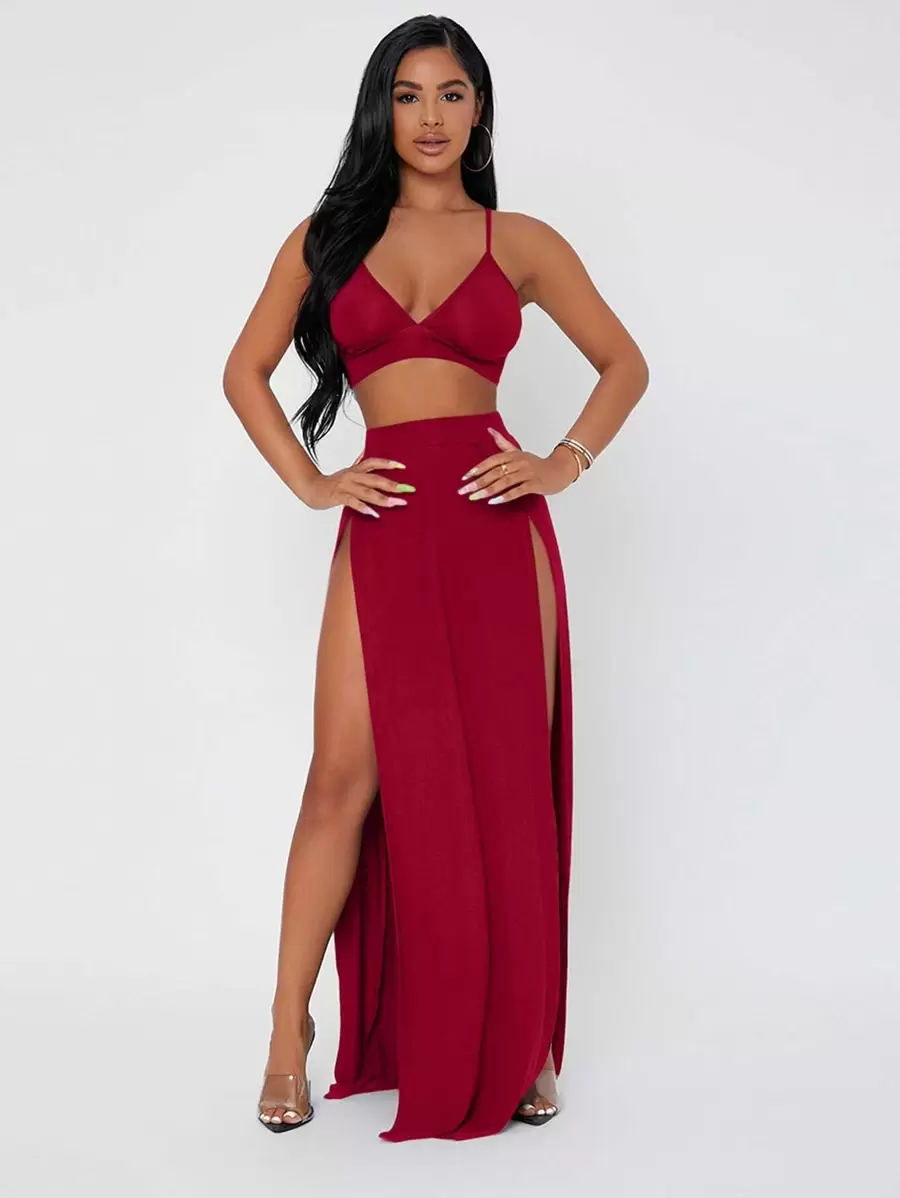SHEIN PETITE Bộ đồ hai mảnh nữ Lộ Lưng Tách cao màu trơn Gợi cảm - Màu Đỏ Sâu - Xem 1