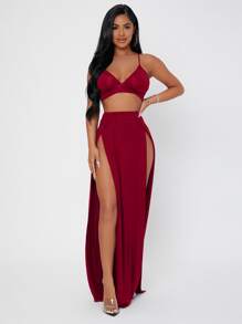SHEIN PETITE Bộ đồ hai mảnh nữ Lộ Lưng Tách cao màu trơn Gợi cảm - Màu Đỏ Sâu - Xem 3