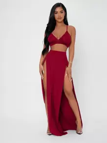 SHEIN PETITE Bộ đồ hai mảnh nữ Lộ Lưng Tách cao màu trơn Gợi cảm - Màu Đỏ Sâu - Xem 5