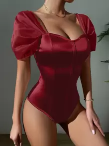 Chiquease Sweetheart Neck Satin Bodysuit - Burgundy - View 4
