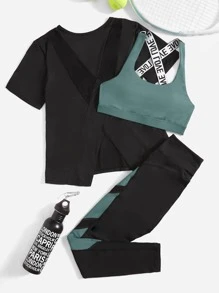 3pcs Contrast Letter Tape Fitness Yoga Suit Gym Outfits Set Asymmetrical Hem Top Colourblock Leggings - Cadet Blue - View 1