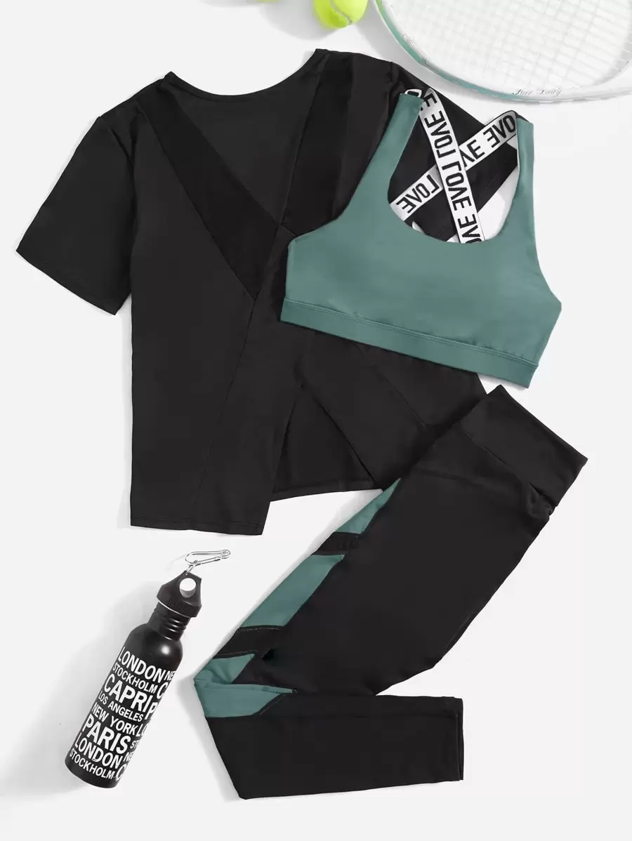 3pcs Contrast Letter Tape Fitness Yoga Suit Gym Outfits Set Asymmetrical Hem Top Colourblock Leggings - Cadet Blue - View 1