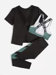 3pcs Contrast Letter Tape Fitness Yoga Suit Gym Outfits Set Asymmetrical Hem Top Colourblock Leggings - Cadet Blue - View 2