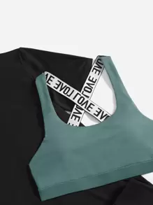 3pcs Contrast Letter Tape Fitness Yoga Suit Gym Outfits Set Asymmetrical Hem Top Colourblock Leggings - Cadet Blue - View 3