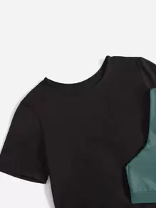 3pcs Contrast Letter Tape Fitness Yoga Suit Gym Outfits Set Asymmetrical Hem Top Colourblock Leggings - Cadet Blue - View 5