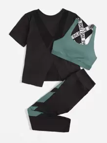 3pcs Contrast Letter Tape Fitness Yoga Suit Gym Outfits Set Asymmetrical Hem Top Colourblock Leggings - Cadet Blue - View 6