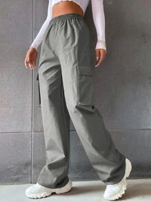 SHEIN MOOSTA Solid High Waist Flap Pocket Cargo Pants Fall Cloth For Women - Grey - View 3