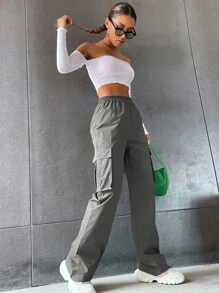 SHEIN MOOSTA Solid High Waist Flap Pocket Cargo Pants Fall Cloth For Women - Grey - View 4