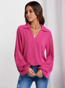 SHEIN Unity Solid Lantern Sleeve Blouse - Hot Pink - View 1