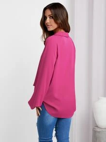 SHEIN Unity Solid Lantern Sleeve Blouse - Hot Pink - View 2