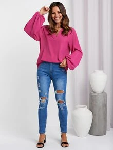 SHEIN Unity Solid Lantern Sleeve Blouse - Hot Pink - View 3