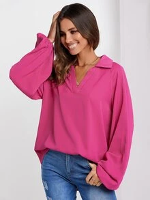 SHEIN Unity Solid Lantern Sleeve Blouse - Hot Pink - View 4