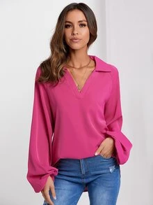 SHEIN Unity Solid Lantern Sleeve Blouse - Hot Pink - View 5