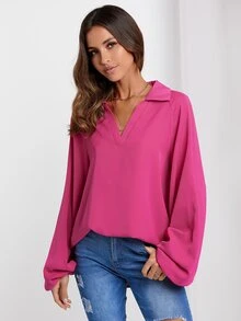 SHEIN Unity Solid Lantern Sleeve Blouse - Hot Pink - View 6