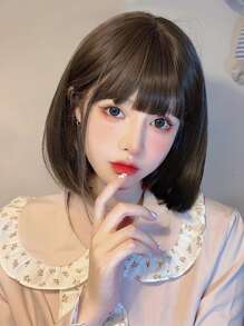 alicegarden 12 Inch Straight Synthetic Hair Wig, Natural Brown Color With Bangs, Made Of Heat-Resistant Fiber, Durable And Long-Lasting. Suitable For Daily Wear, Parties, Cosplay And Gatherings. (Accessories Not Included) - 棕色 - 查看 1