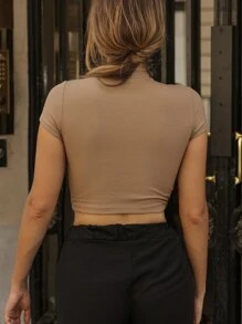RueChic Chain Detail Cut Out Crop Tee - Mocha Brown - View 2