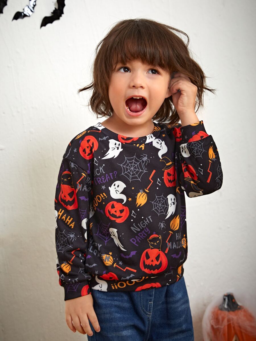 SHEIN 小男童萬聖印花運動衫 - 黑色 - 查看 1