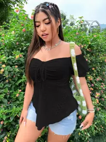 SHEIN Essnce Plus Off Shoulder Puff Sleeve Drawstring Front Eyelet Embroidered Tee - Black - View 1