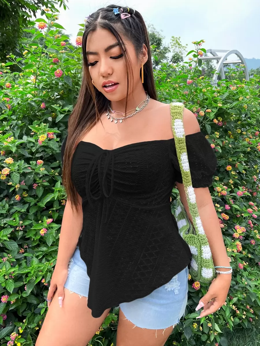 SHEIN Essnce Plus Off Shoulder Puff Sleeve Drawstring Front Eyelet Embroidered Tee - Black - View 1