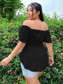 SHEIN Essnce Plus Off Shoulder Puff Sleeve Drawstring Front Eyelet Embroidered Tee - Black - View 2