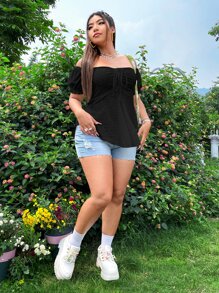 SHEIN Essnce Plus Off Shoulder Puff Sleeve Drawstring Front Eyelet Embroidered Tee - Black - View 3