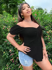 SHEIN Essnce Plus Off Shoulder Puff Sleeve Drawstring Front Eyelet Embroidered Tee - Black - View 4