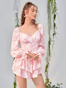 SHEIN MOD Vestido con estampado floral bajo con fruncido - Rosa Pálido - Ver 3