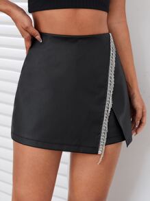 SHEIN BAE High Waist Rhinestones Fringe Asymmetrical Hem Skort - Black - View 3