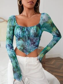 Soleia Top con estampado floral pecho con fruncido bajo asimétrico corto de malla - Multicolor - Ver 1