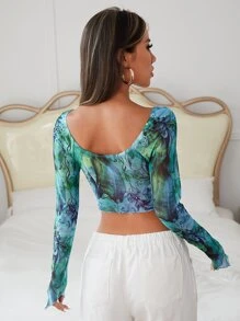 Soleia Top con estampado floral pecho con fruncido bajo asimétrico corto de malla - Multicolor - Ver 2