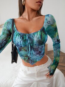 Soleia Top con estampado floral pecho con fruncido bajo asimétrico corto de malla - Multicolor - Ver 4