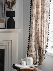 Bubaba 1 pièce de rideaux occultants à imprimé floral, style minimaliste nordique avec décoration de franges noir, convient pour la cuisine, la salle à manger, la chambre à coucher, l'hôtel, la décoration saisonnière