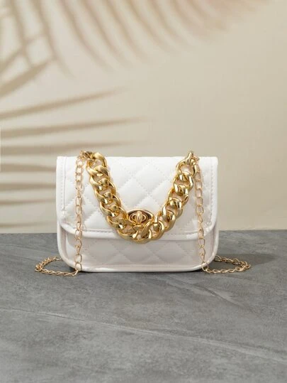 Waterproof,Lightweight,Business Casual,Foldable Mini Twist Lock Chain Decor Quilted Flap Square Bag For Teen Girls Women College Students,Rookies & White-collar Workers Perfect for Office,College,Work ,Business,Commute